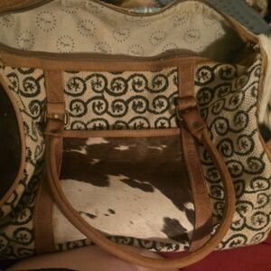 Myra Bag Brown and Cream Tote with Elegant Pattern